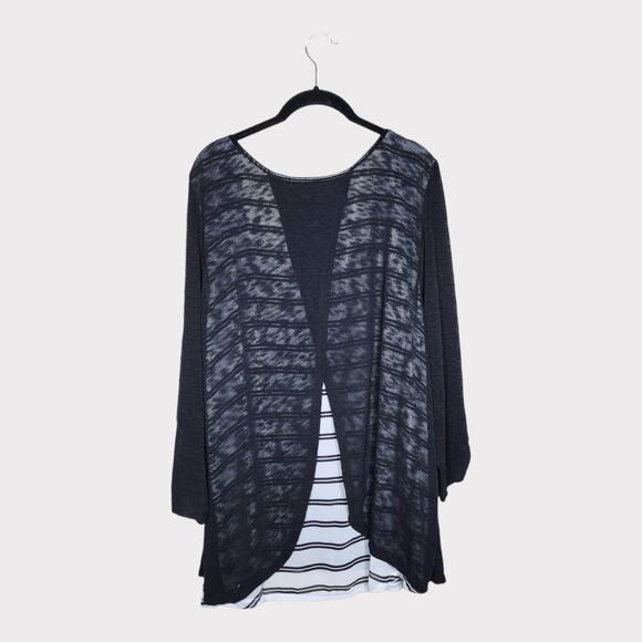 NEW Lane Bryant Plus 26/28 Black Sheer Overlay Tunic Blouse White Stripe Base - Picture 7 of 8